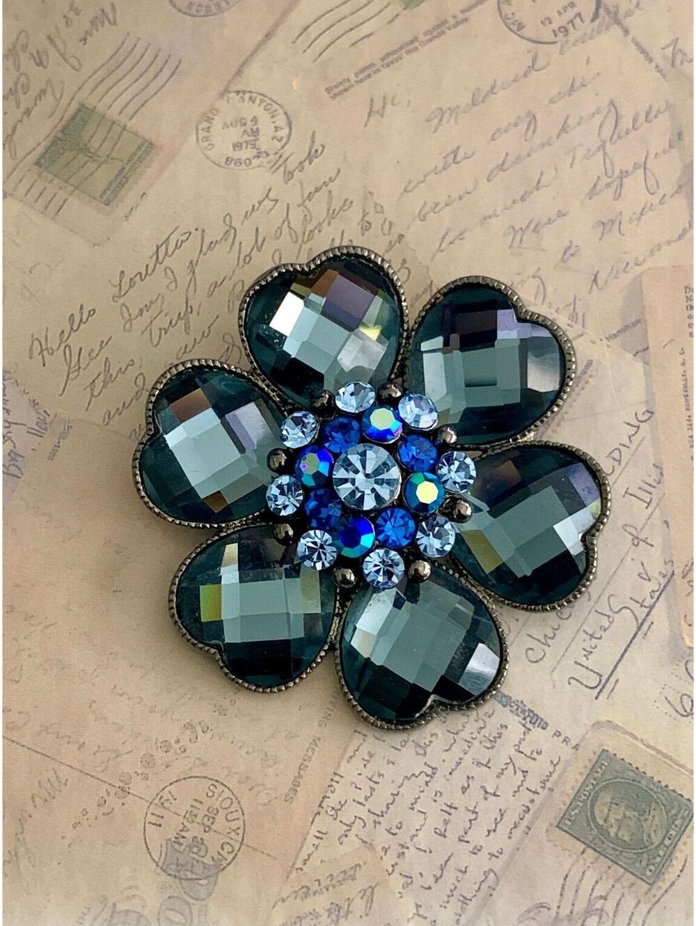 Vintage Sparkling Blue Crystal Flower Brooch Pin - Glam Accessory